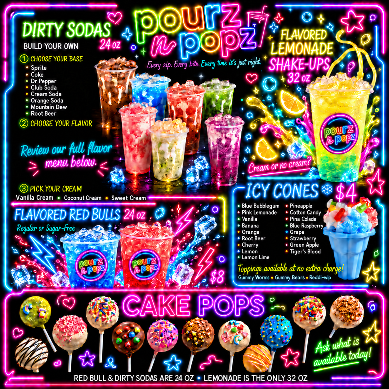 Pourz n Popz neon menu