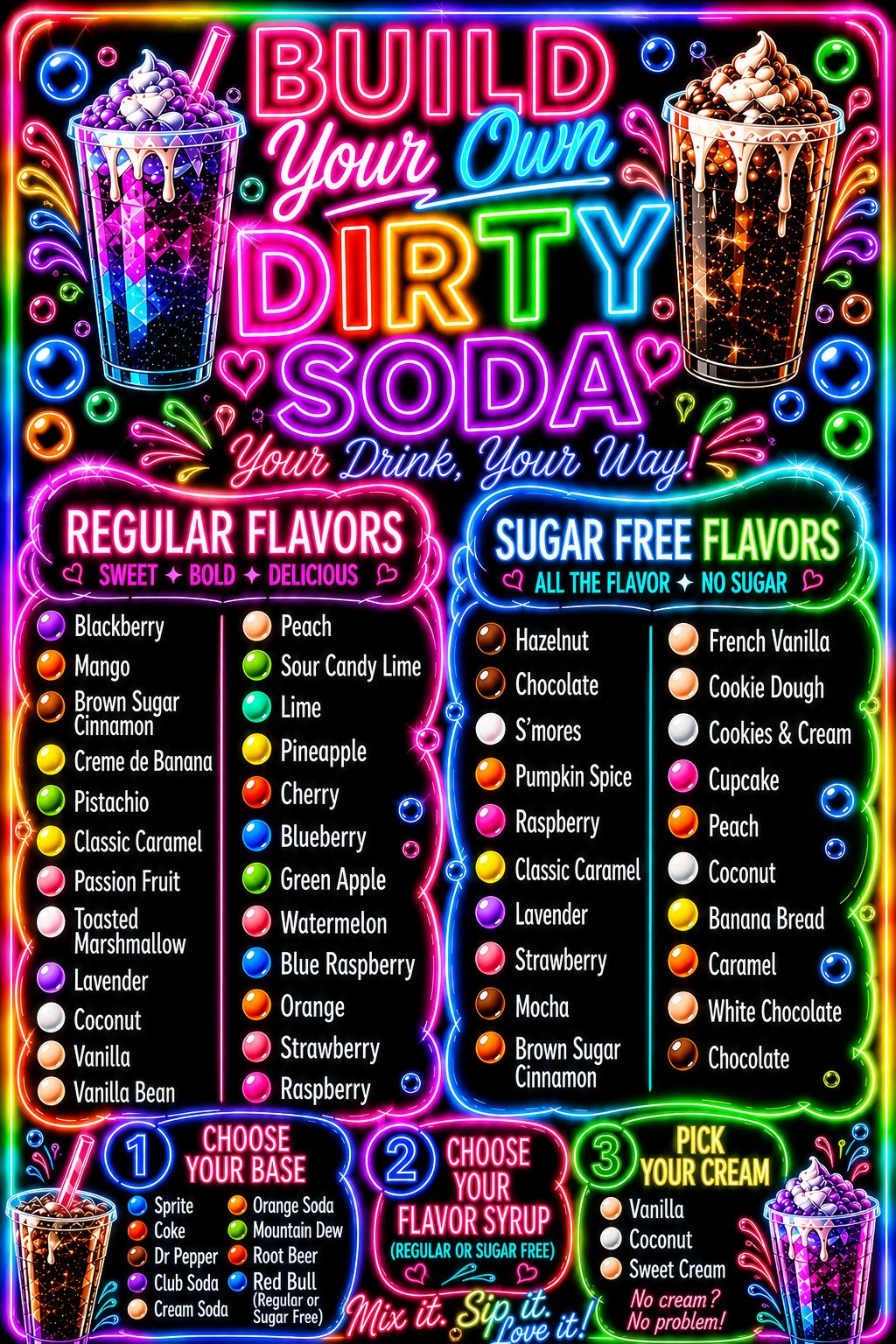 Build Your Own Dirty Soda menu with regular and sugar-free syrup flavors