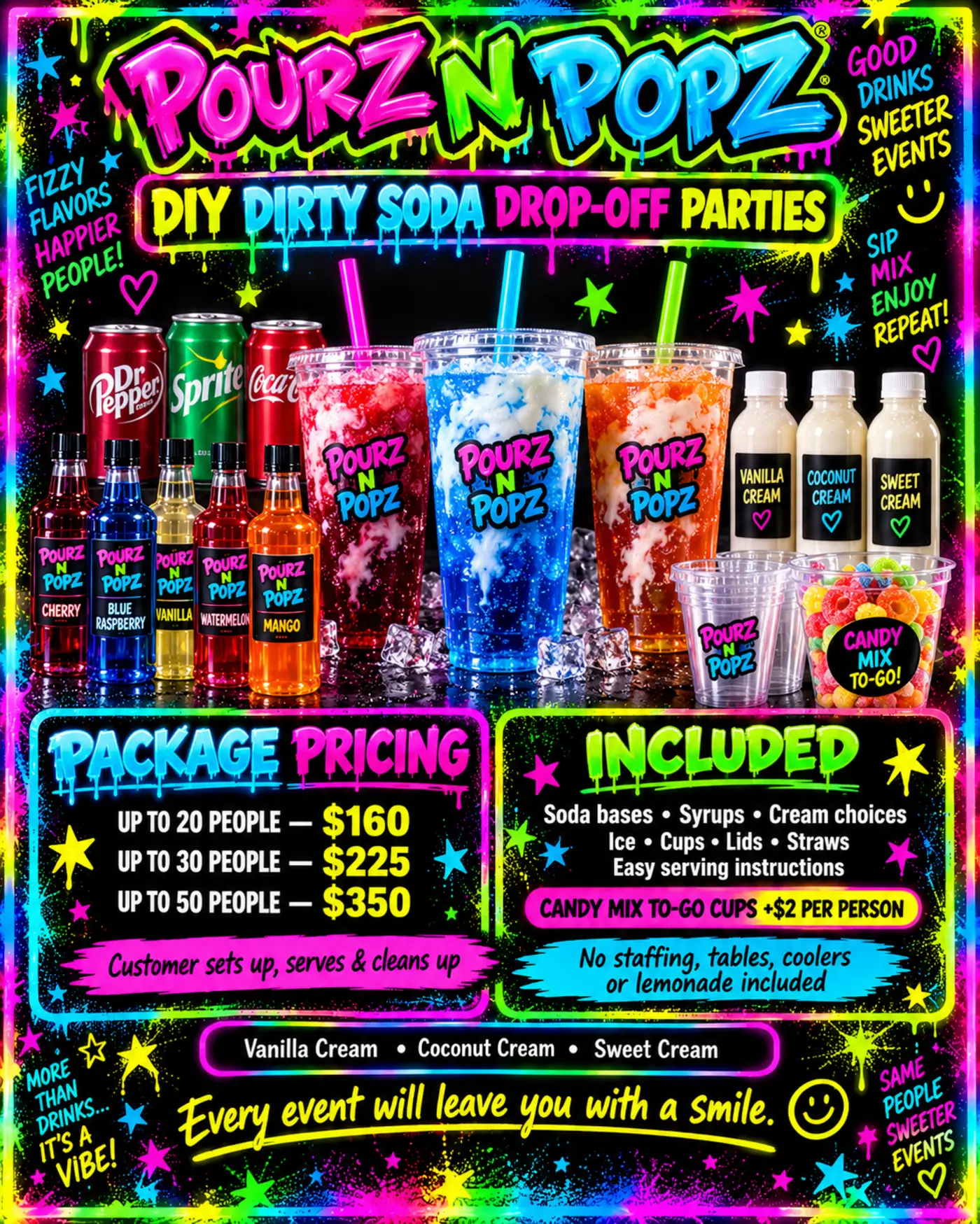 Pourz n Popz DIY Dirty Soda Drop-Off Parties: up to 20 people $160, up to 30 people $225, or up to 50 people $350. Includes soda bases, syrups, cream choices, ice, cups, lids, straws, and easy serving instructions. Candy Mix To-Go cups are $2 per person. Customer sets up, serves, and cleans up. No staffing, tables, coolers, or lemonade included.