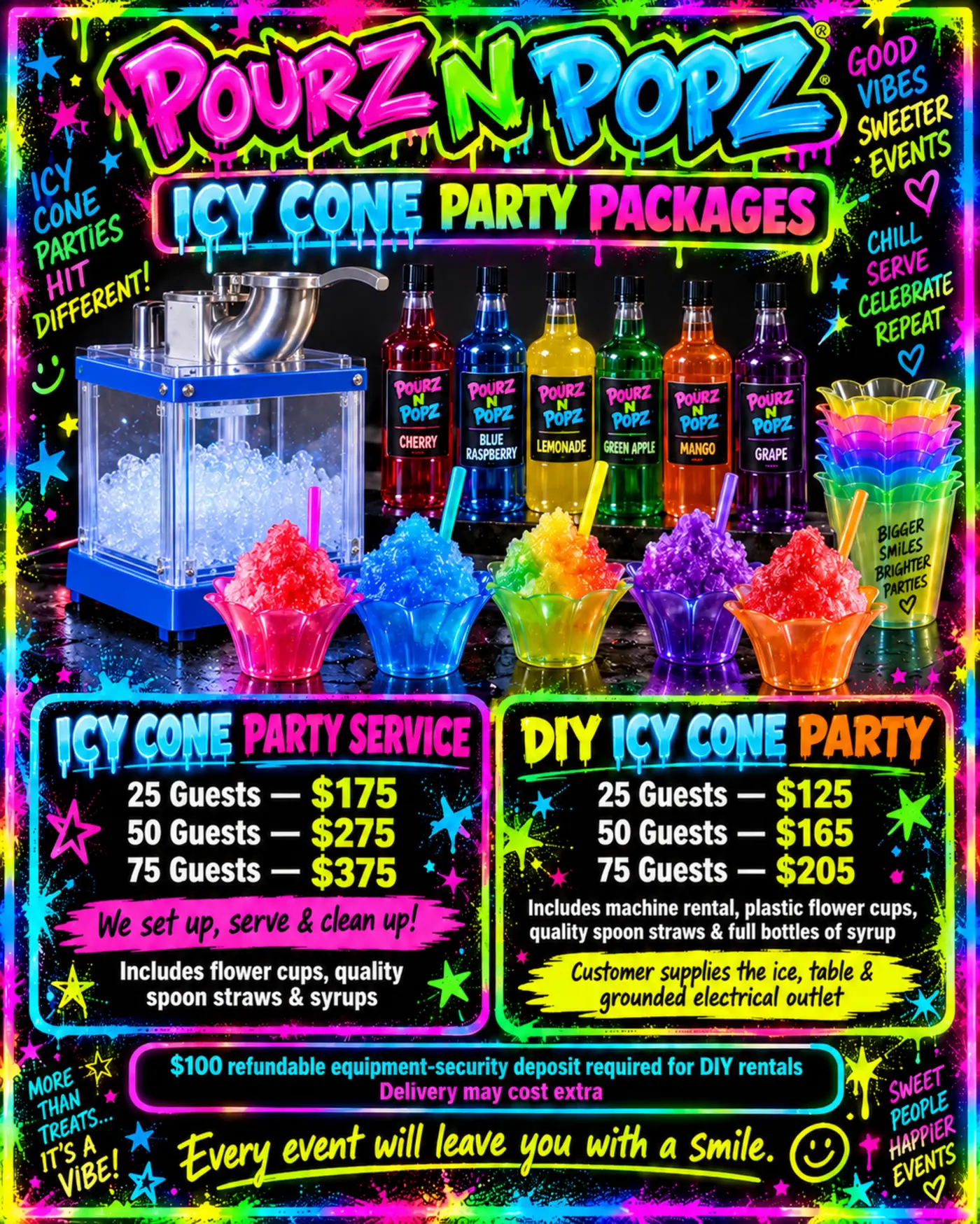 Pourz n Popz Icy Cone Party Packages: staffed service for 25 guests $175, 50 guests $275, or 75 guests $375; DIY Icy Cone Party for 25 guests $125, 50 guests $165, or 75 guests $205. DIY rental includes the Polar Blast machine, plastic flower cups, quality spoon straws, and full bottles of syrup. Customer supplies ice, a table, and a grounded electrical outlet. A $100 refundable equipment-security deposit is required.