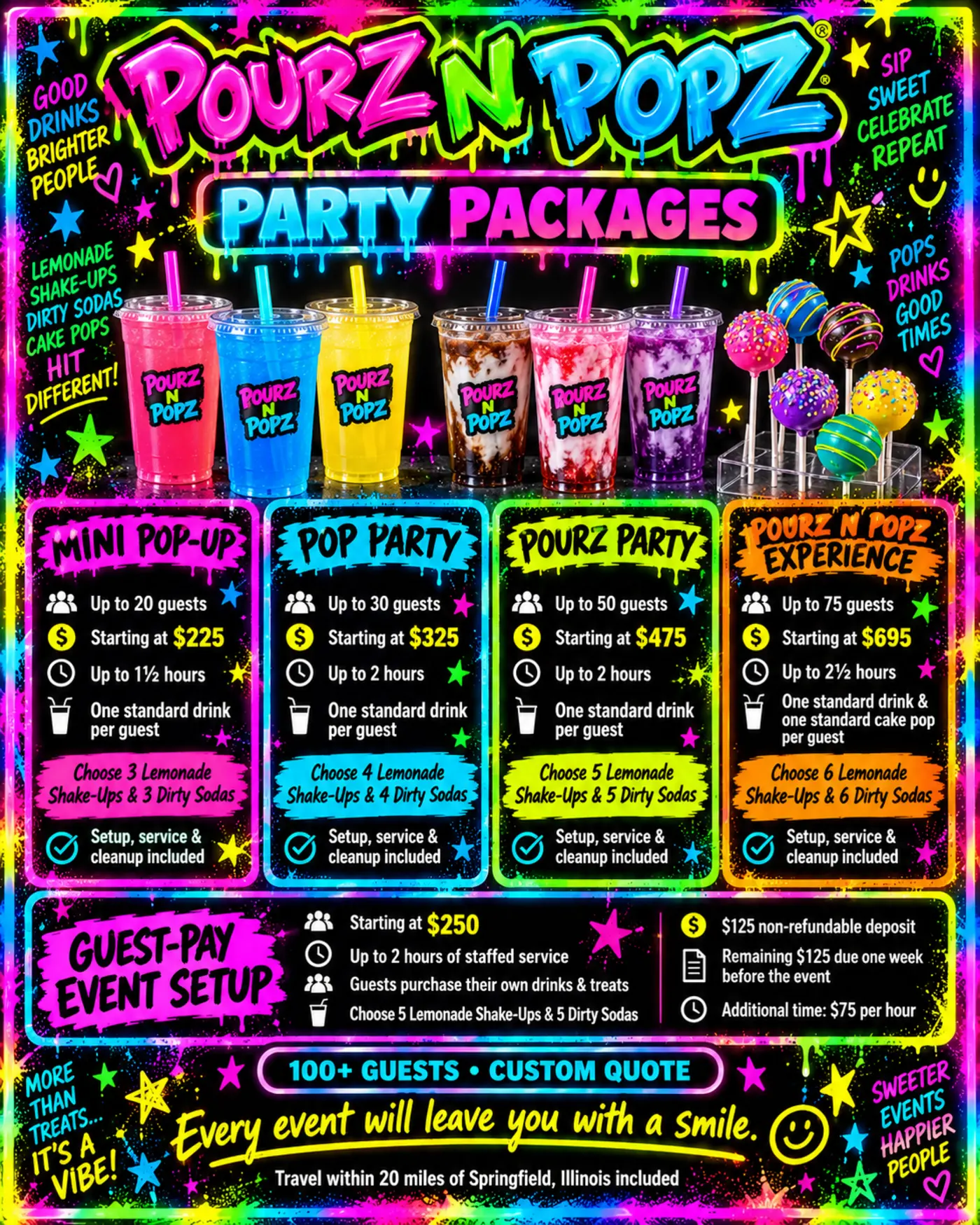 Pourz n Popz Party Packages: Mini Pop-Up for up to 20 guests starting at $225; Pop Party for up to 30 guests starting at $325; Pourz Party for up to 50 guests starting at $475; Pourz n Popz Experience for up to 75 guests starting at $695; Guest-Pay Event Setup starting at $250; and custom quotes for 100 or more guests.