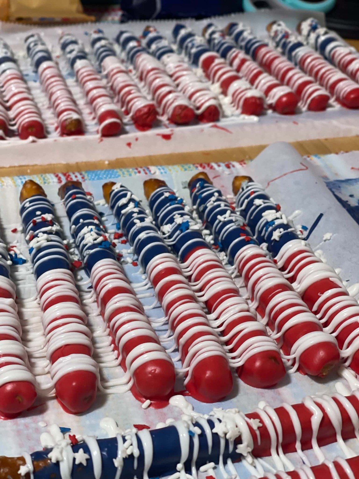 Red, white, and blue chocolate-covered pretzel rods