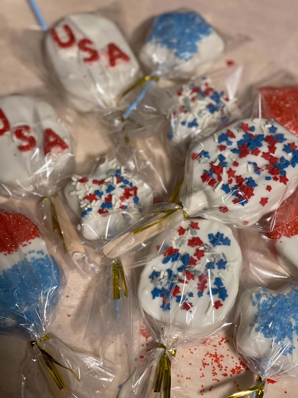 Patriotic red, white, and blue wrapped cake pops