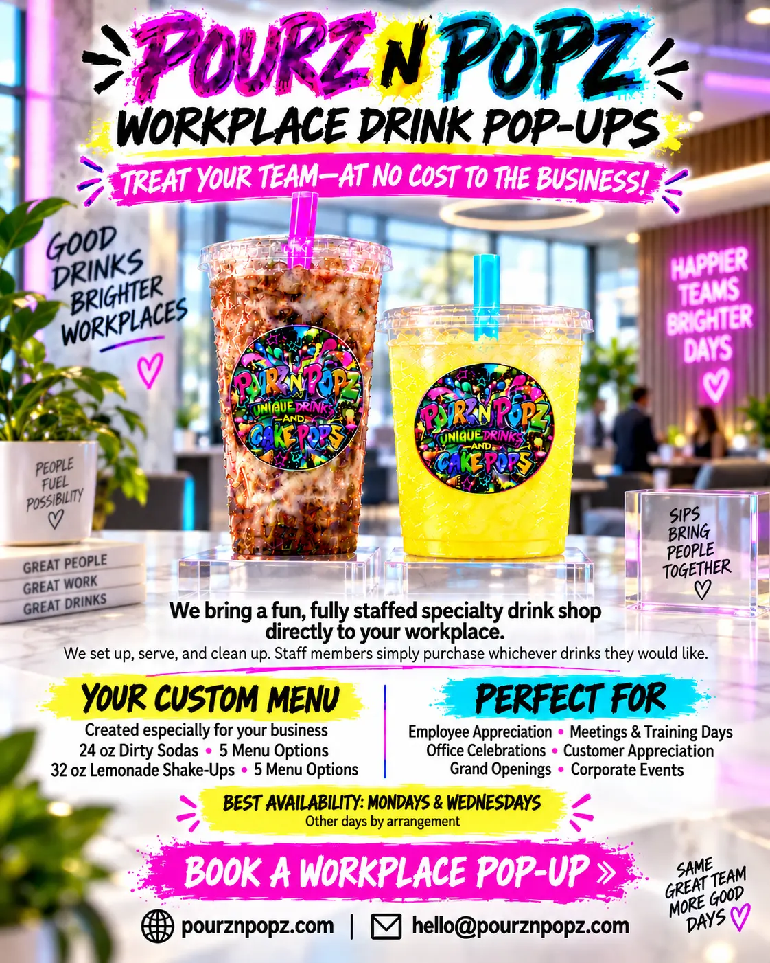 Pourz n Popz workplace drink pop-up service for employee appreciation, meetings, office celebrations, customer appreciation, grand openings, and corporate events.